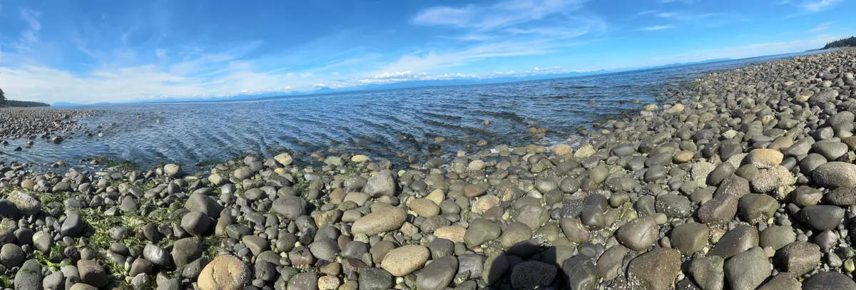 A wide panorama of rounded beach stones and calm water at Kitty Coleman