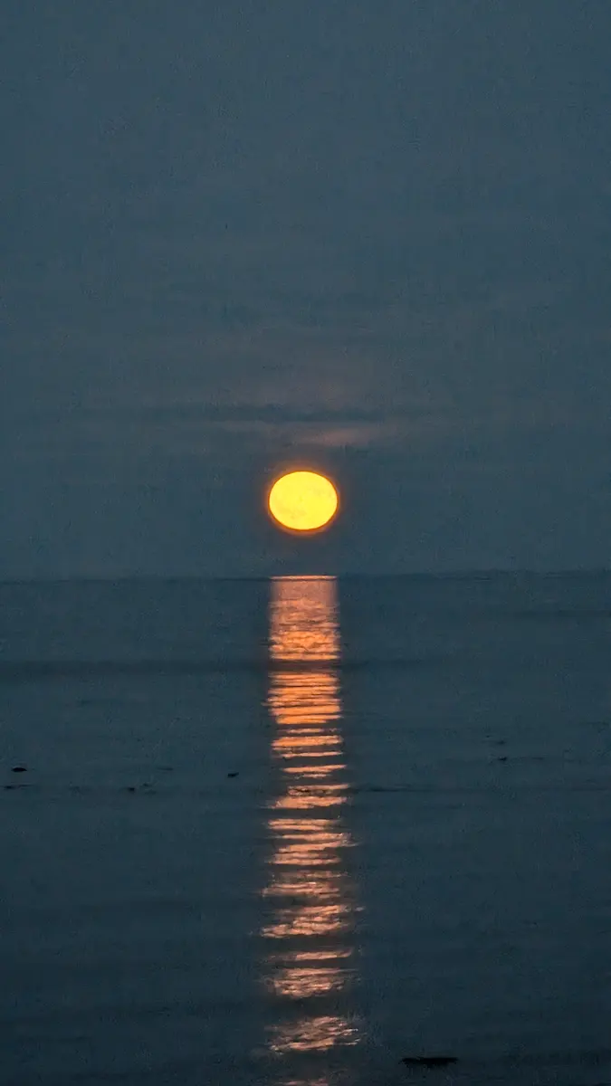 An orange moon rising over dark water, its reflection a column of light
