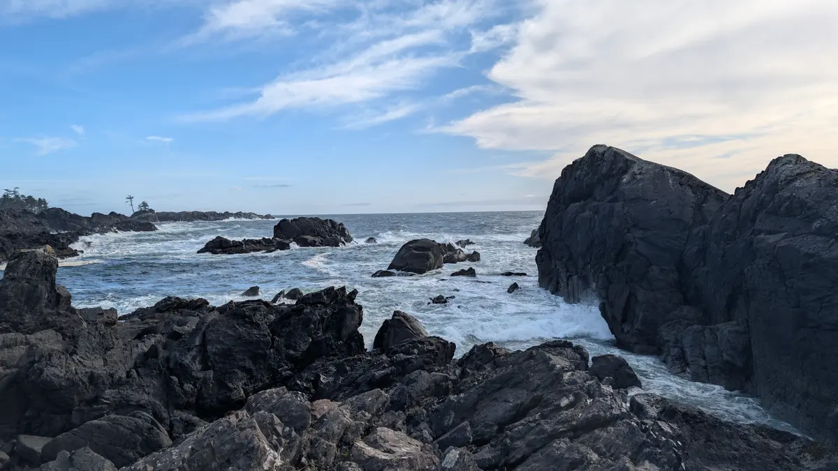 Waves washing over dark rocks along the Ucluelet shoreline