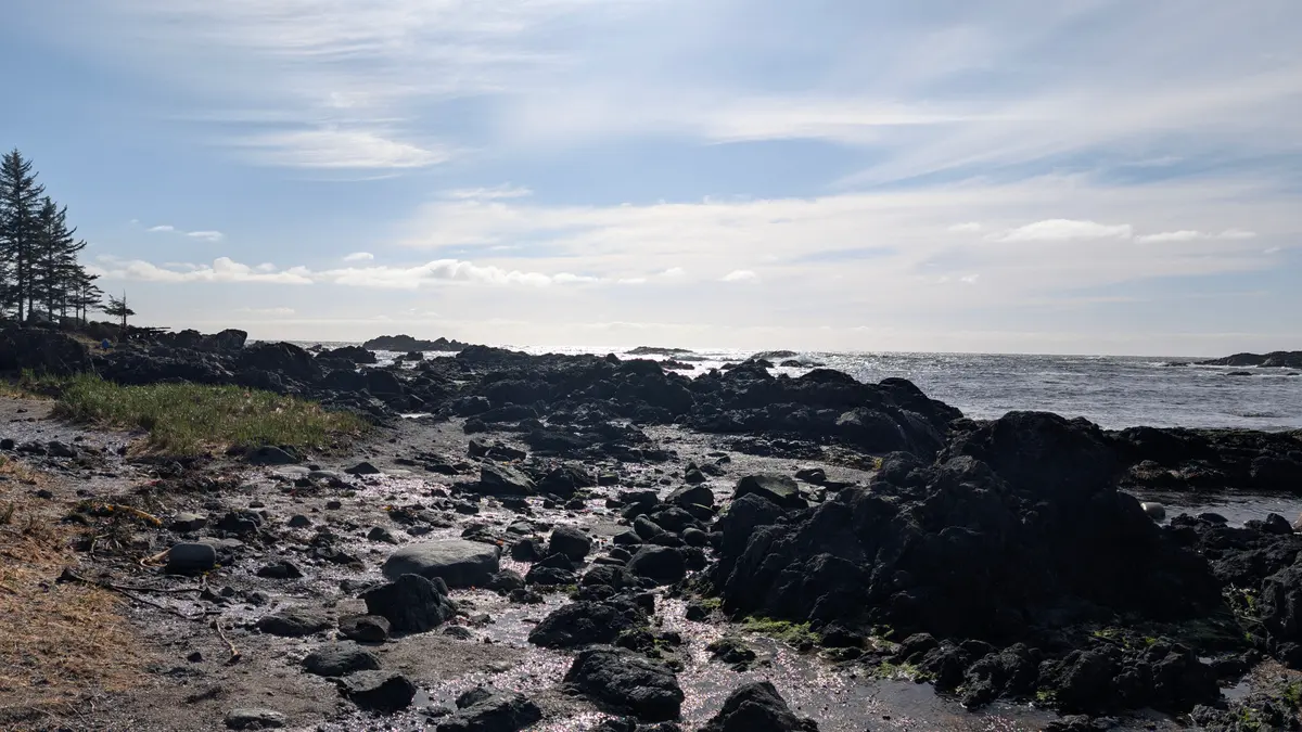 Dark rocks and tide pools on the Ucluelet shore under a bright sky