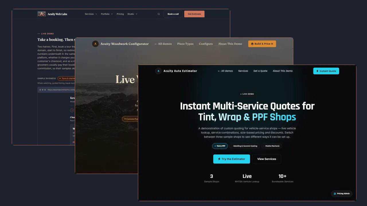 The booking demo, the woodwork configurator and the auto estimator, three of the live demos