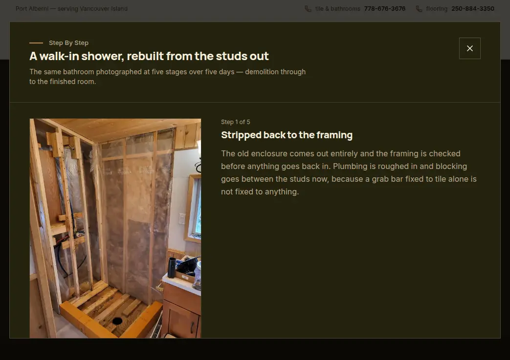 The step-by-step walkthrough on the Bennett & Sons Tile & Bathrooms page, open at step 1 of 5, a shower stripped back to the framing
