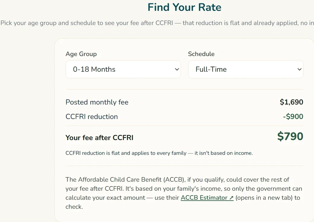 The Find Your Rate CCFRI fee calculator on the Comfort First Early Learning site