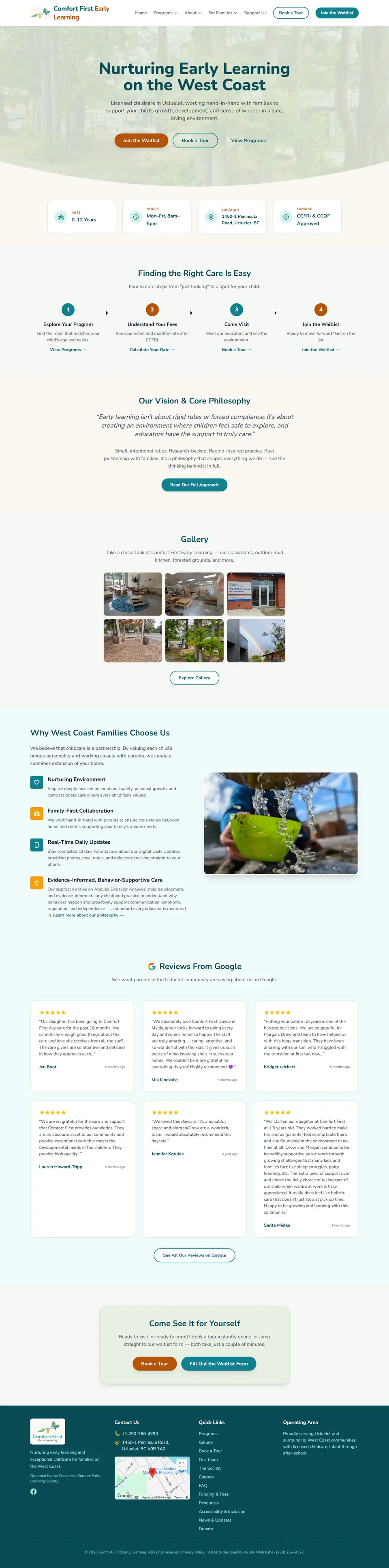 The full Comfort First Early Learning homepage, from the hero through the programs, philosophy, gallery and Google reviews to the footer