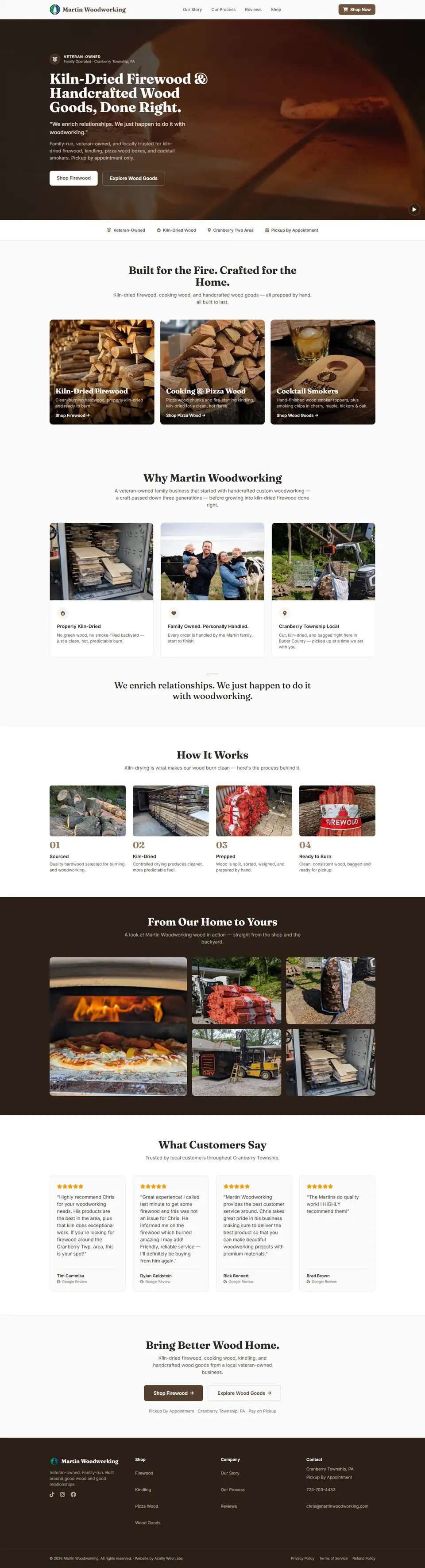 The full Martin Woodworking homepage, from the hero through the product range, the family story, the kiln-drying steps and reviews to the footer