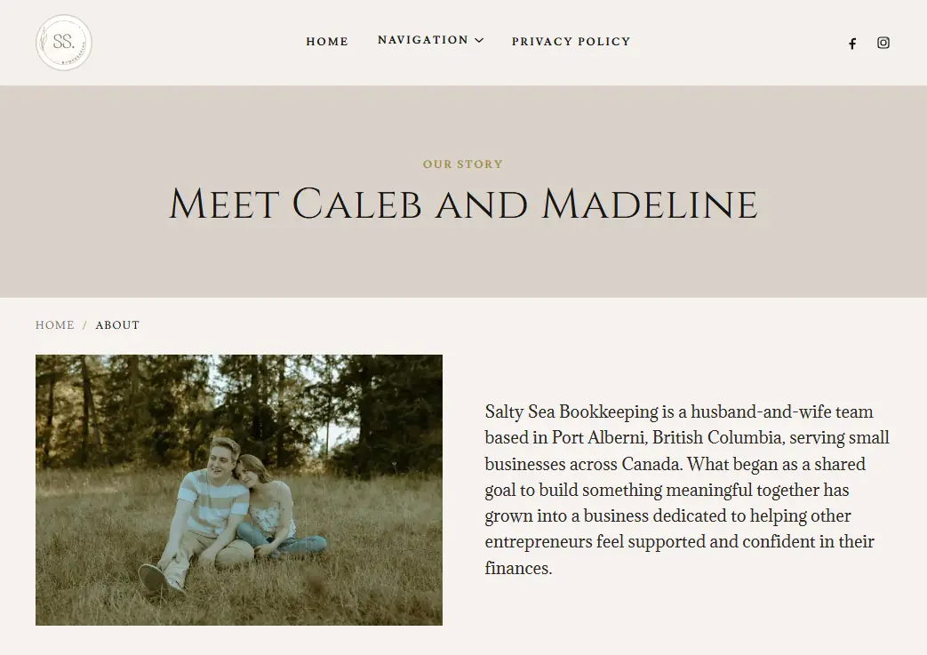 The About page at the builder’s original /about-1 address, introducing Caleb and Madeline, kept exactly as it was