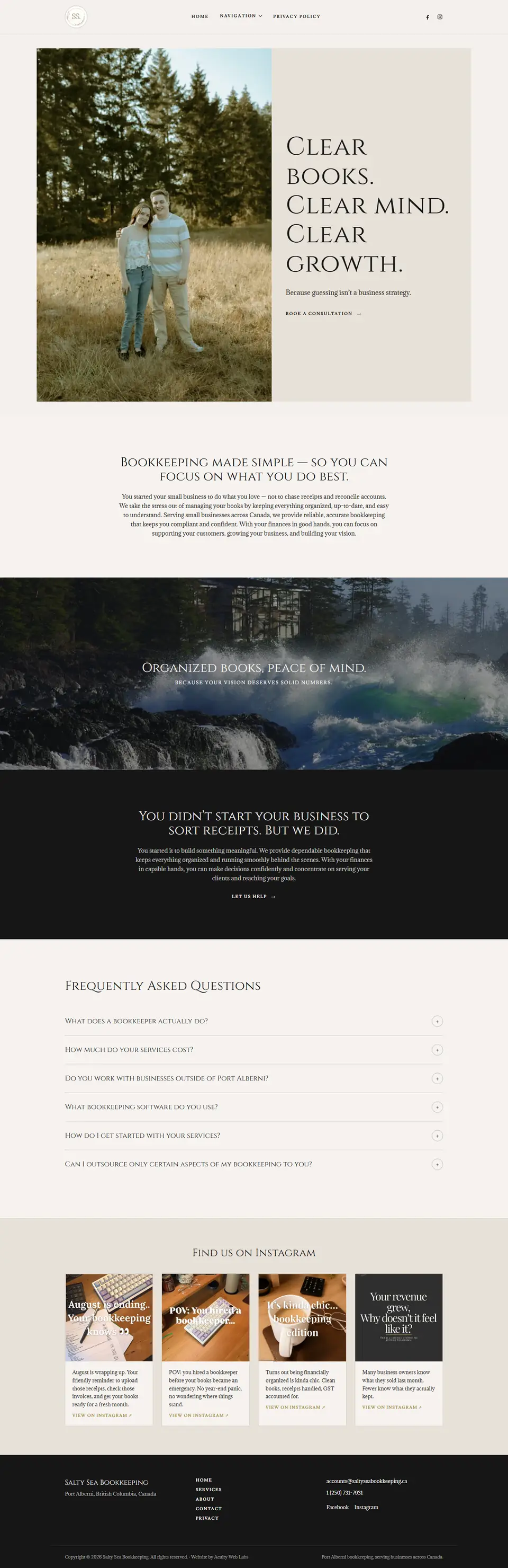 The full Salty Sea Bookkeeping homepage as it appears after the move, from the hero through their services to the footer