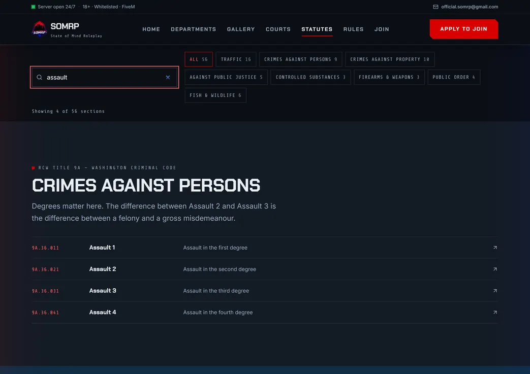 The searchable charge index on the State of Mind Roleplay site, filtered to four assault sections by a search for "assault"