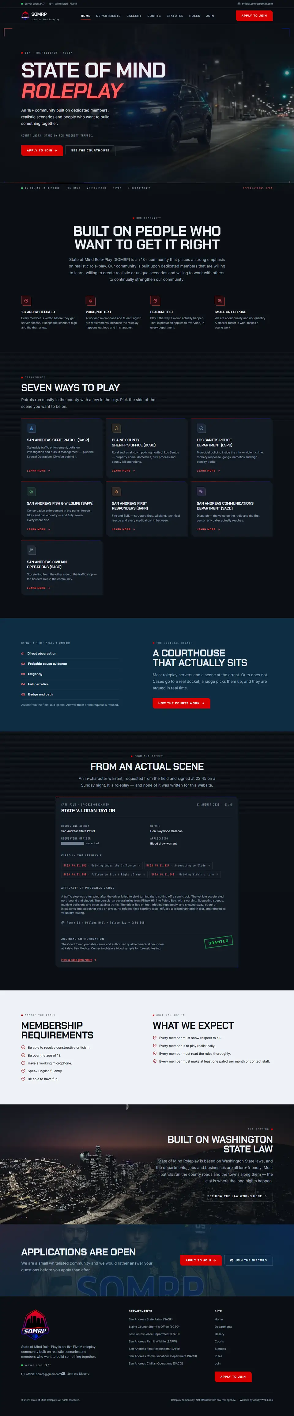 The full State of Mind Roleplay homepage, from the video hero through the seven departments, the courthouse section and a real case file to the footer
