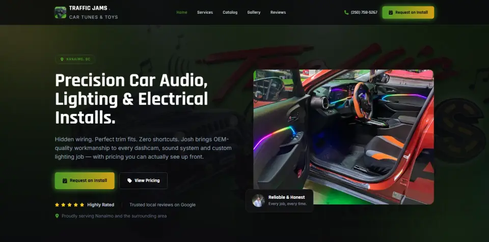 Traffic Jams Car Tunes & Toys homepage, showing the hero section and an ambient lighting install