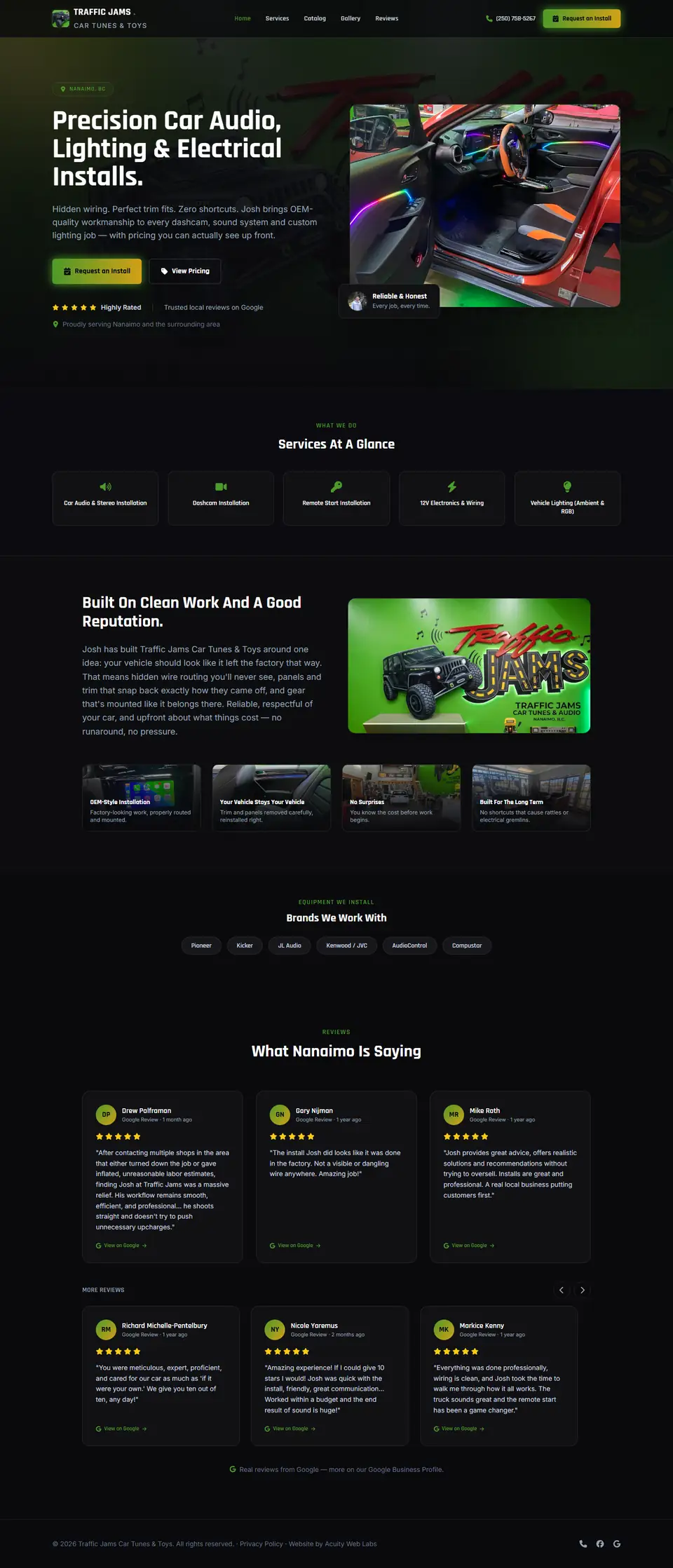 The full Traffic Jams Car Tunes & Toys homepage, from the hero through services, install photography and customer reviews to the footer