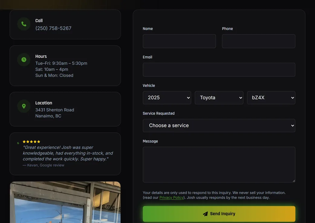 The contact form on the Traffic Jams site with its Year, Make and Model vehicle picker filled in